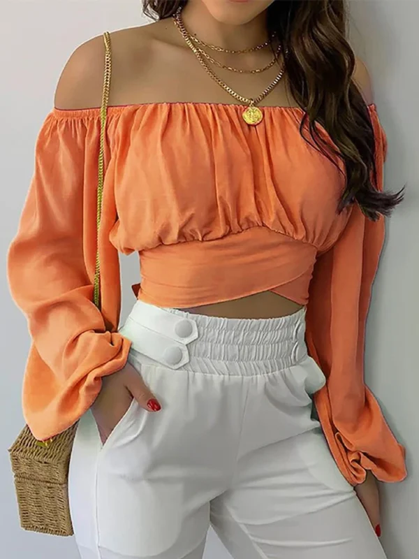 Women Sexy Off Shoulder Blouse Chic and Elegant Printing Lantern Long Sleeve Lace Up Bow Cropped Tops Casual Slim Shirts 2024 - 图片 3