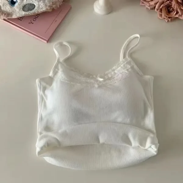 Women Camisole Tank Tops Sexy Bow Sleeveless Corset Top with Chest Pad Sweet Lace Patchwork Crop Tops Summer Slim Elegant Camis - 图片 4