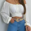 Women Sexy Off Shoulder Blouse Chic and Elegant Printing Lantern Long Sleeve Lace Up Bow Cropped Tops Casual Slim Shirts 2024