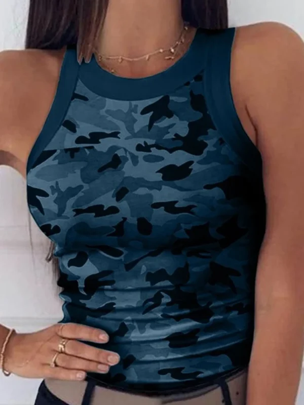 Women Casual Camo Round Neck Ribbed Tank Top Summer Basic Elastic Camisole Sexy Sleeveless Crew Neck Vest Women's Clothing - 图片 5