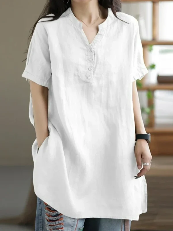 2024 Summer Fashion Cotton and Hemp Women's Shirt Commuting Style Casual Half Open Short Sleeve Casual Shirt Top - 图片 2