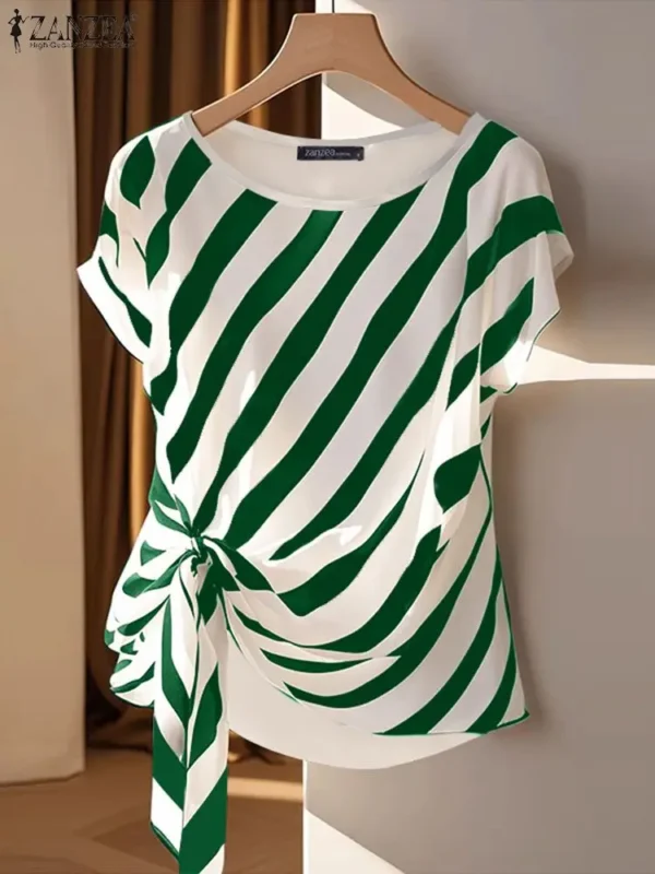 ZANZEA 2025 Korean Striped Printed Tops Fashion Short Sleeve Blouse Holiday Summer HolidayLoose Belted Tunic Casual Simple Tops - 图片 3