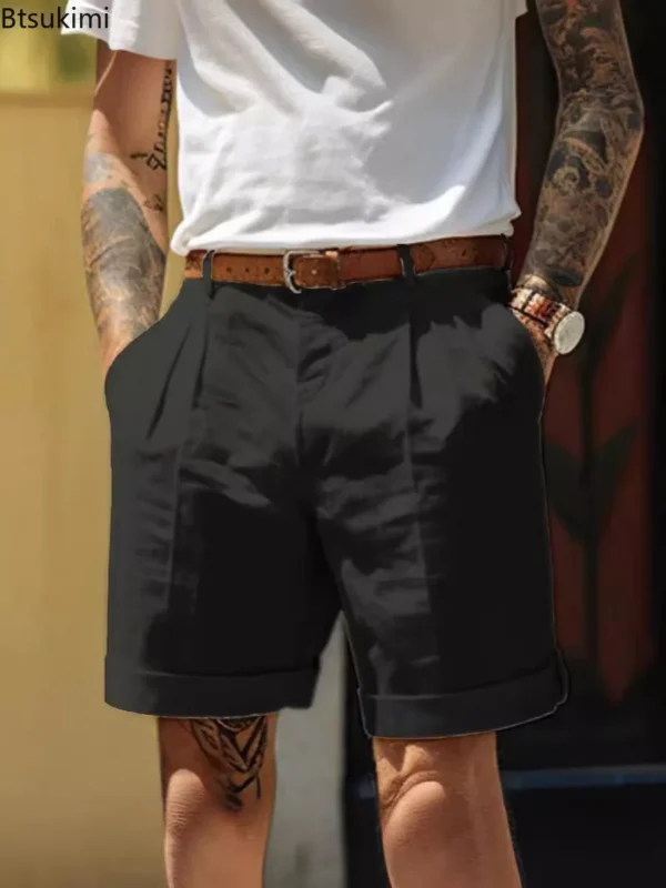 Summer Fashion Solid Cotton Linen Shorts for Men Breathable Pleated Loose Casual Straight Shorts Men Daily Versatile Short Pants - 图片 5