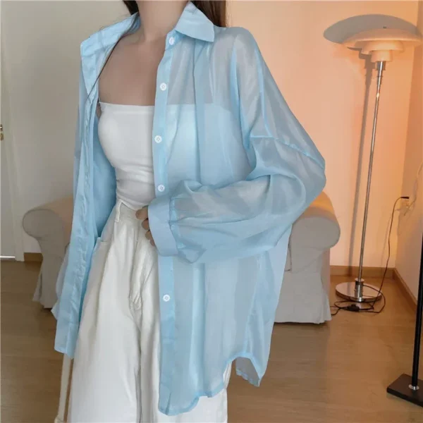 Xpqbb Women's White Chiffon Shirt Sheer Thin Long Sleeve Sun Protection Blouse Woman Casual Loose Simple Single-breasted Shirts - 图片 3