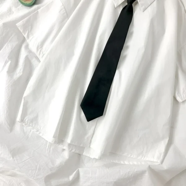 White Shirts Women Fashion Black Tie Japan Style Preppy Students JK Girls Blouse Simple Solid Loose Summer Button Up Tops New - 图片 5