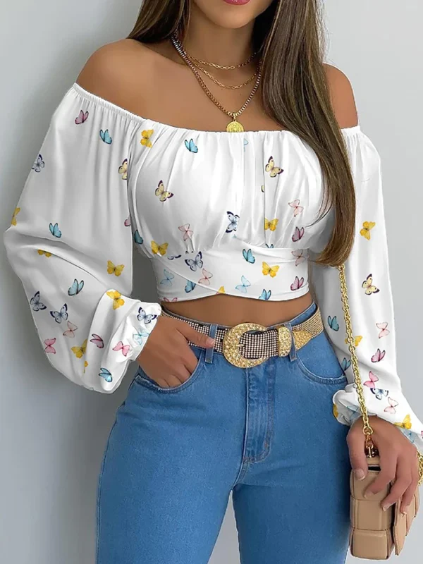 Women Sexy Off Shoulder Blouse Chic and Elegant Printing Lantern Long Sleeve Lace Up Bow Cropped Tops Casual Slim Shirts 2024 - 图片 4