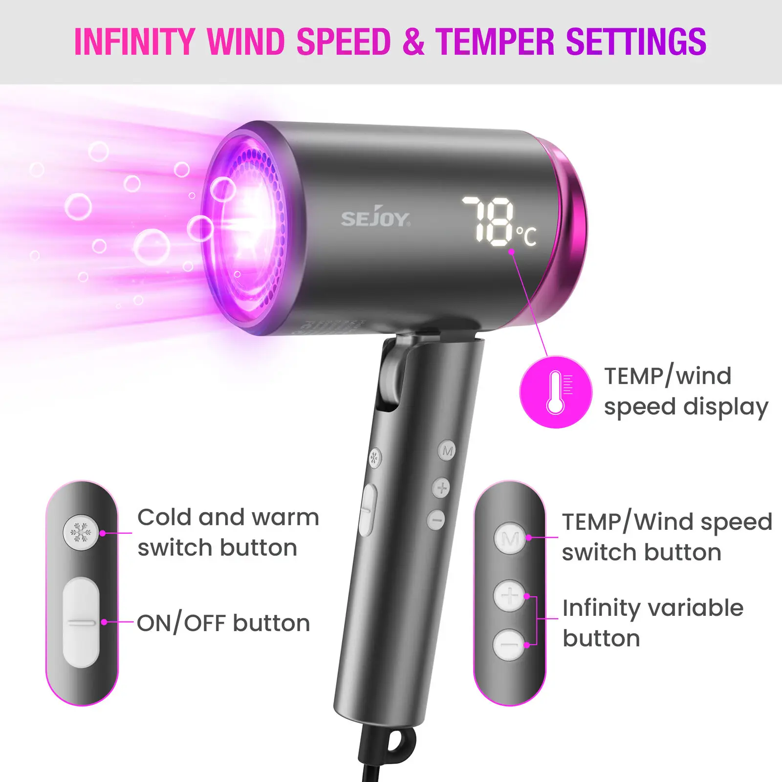 SEJOY Hair Dryers 1800W Professional Salon Hair Dryer Ionic Blow Dryer with Negative Nozzle