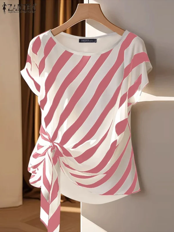 ZANZEA 2025 Korean Striped Printed Tops Fashion Short Sleeve Blouse Holiday Summer HolidayLoose Belted Tunic Casual Simple Tops - 图片 2