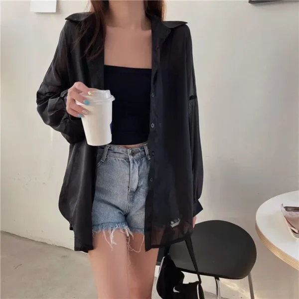 Xpqbb Women's White Chiffon Shirt Sheer Thin Long Sleeve Sun Protection Blouse Woman Casual Loose Simple Single-breasted Shirts - 图片 4