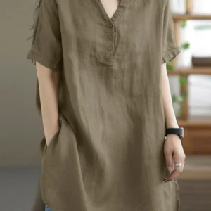 2024 Summer Fashion Cotton and Hemp Women's Shirt Commuting Style Casual Half Open Short Sleeve Casual Shirt Top