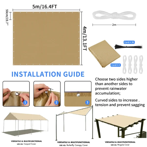 Waterproof Straight Edge Sun Shade Sail with Grommets Large Camping Canopy Awning Patio Outdoor Sunshade Protection Patio Tents - 图片 6