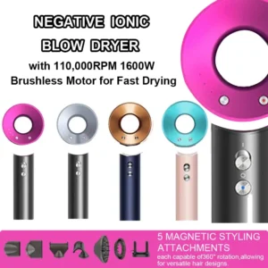 Leafless constant temperature hair dryer for personal hair care and styling; home professional hair style accessories kit (5+1)
