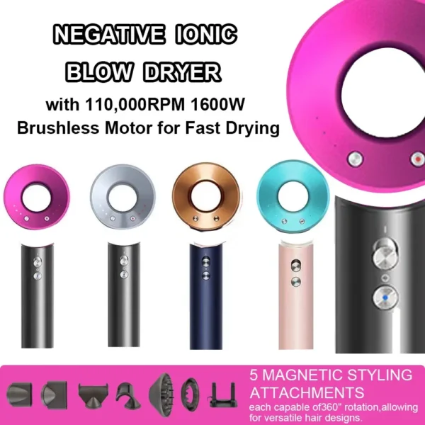 Leafless constant temperature hair dryer for personal hair care and styling; home professional hair style accessories kit (5+1)