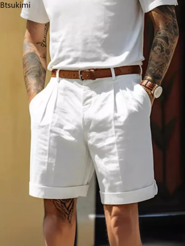 Summer Fashion Solid Cotton Linen Shorts for Men Breathable Pleated Loose Casual Straight Shorts Men Daily Versatile Short Pants - 图片 2