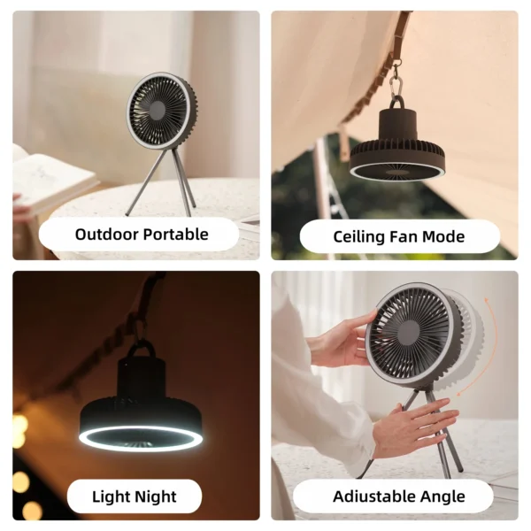 Camping Fan 10000mAh Rechargeable Desktop Portable Air Circulator Wireless Ceiling Electric Fan with Power Bank LED Light Tripod - 图片 3