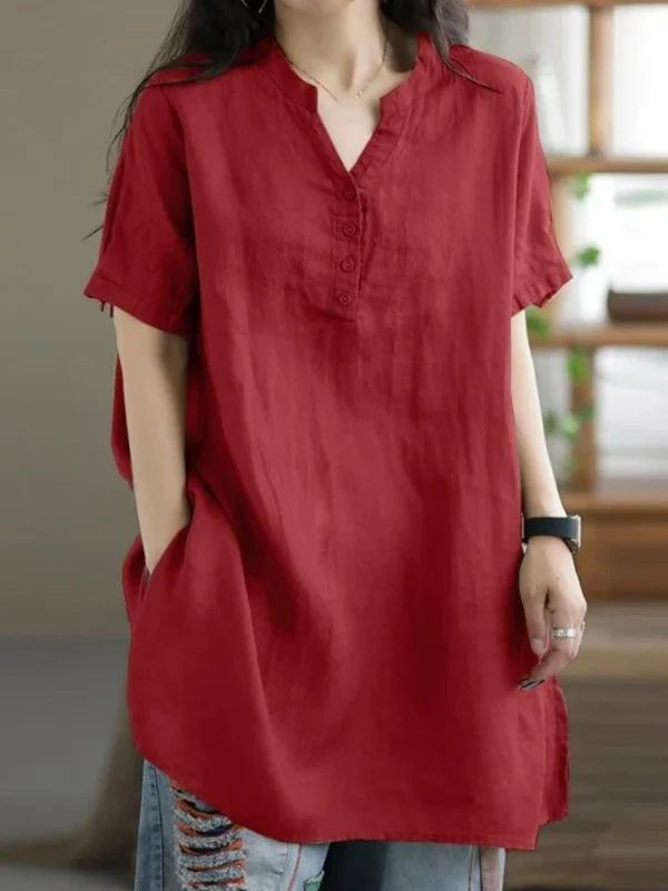 2024 Summer Fashion Cotton and Hemp Women's Shirt Commuting Style Casual Half Open Short Sleeve Casual Shirt Top - 图片 3