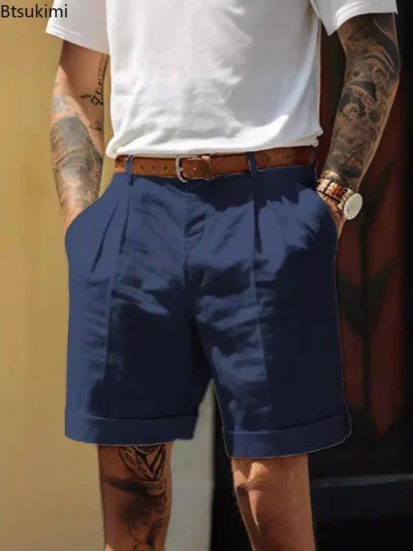 Summer Fashion Solid Cotton Linen Shorts for Men Breathable Pleated Loose Casual Straight Shorts Men Daily Versatile Short Pants - 图片 4