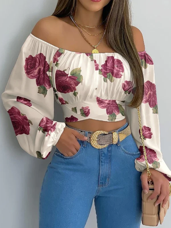 Women Sexy Off Shoulder Blouse Chic and Elegant Printing Lantern Long Sleeve Lace Up Bow Cropped Tops Casual Slim Shirts 2024 - 图片 6