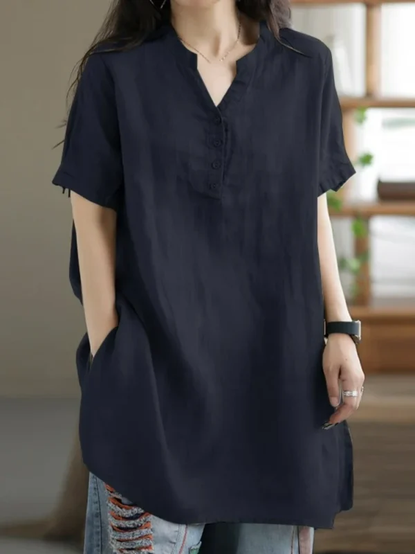 2024 Summer Fashion Cotton and Hemp Women's Shirt Commuting Style Casual Half Open Short Sleeve Casual Shirt Top - 图片 4