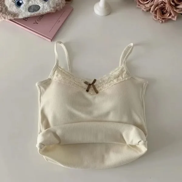 Women Camisole Tank Tops Sexy Bow Sleeveless Corset Top with Chest Pad Sweet Lace Patchwork Crop Tops Summer Slim Elegant Camis - 图片 2
