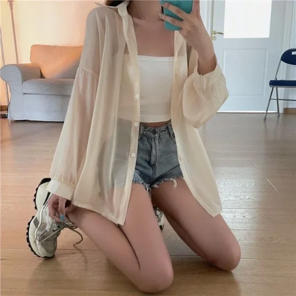 Xpqbb Women's White Chiffon Shirt Sheer Thin Long Sleeve Sun Protection Blouse Woman Casual Loose Simple Single-breasted Shirts - 图片 2