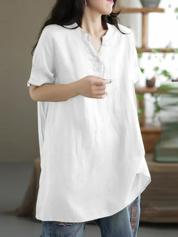 2024 Summer Fashion Cotton and Hemp Women's Shirt Commuting Style Casual Half Open Short Sleeve Casual Shirt Top - 图片 6