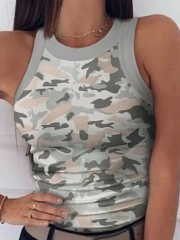 Women Casual Camo Round Neck Ribbed Tank Top Summer Basic Elastic Camisole Sexy Sleeveless Crew Neck Vest Women's Clothing - 图片 2