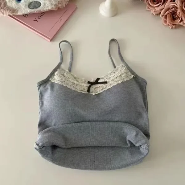 Women Camisole Tank Tops Sexy Bow Sleeveless Corset Top with Chest Pad Sweet Lace Patchwork Crop Tops Summer Slim Elegant Camis - 图片 3