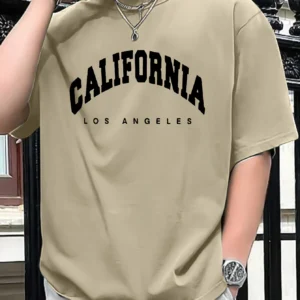 Summer men's 100% pure cotton casual loose fit plus CALIFORNIA printed sports comfortable round neck short sleeved T-shirt top