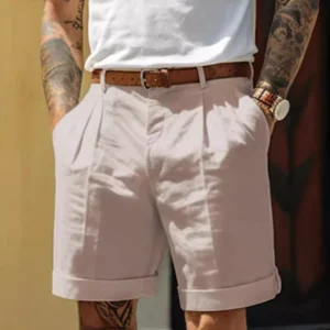 Summer Fashion Solid Cotton Linen Shorts for Men Breathable Pleated Loose Casual Straight Shorts Men Daily Versatile Short Pants