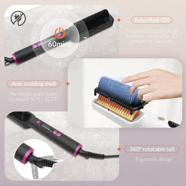 OUDIM Hair Straightener Brush with Six Temperature Settings, Ionic Hair Straightening Brush Flat Iron For Women, Anti-Scald Stra - 图片 3