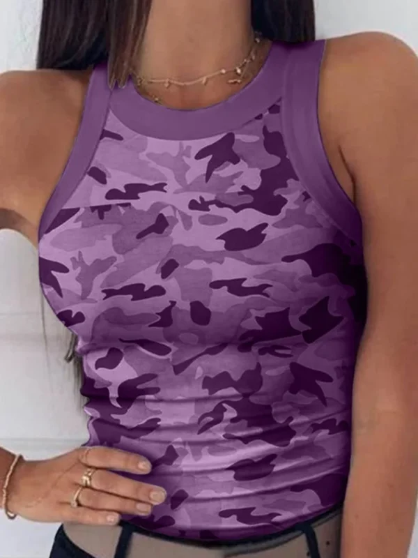Women Casual Camo Round Neck Ribbed Tank Top Summer Basic Elastic Camisole Sexy Sleeveless Crew Neck Vest Women's Clothing - 图片 3