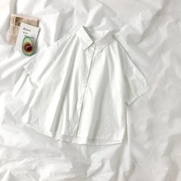 White Shirts Women Fashion Black Tie Japan Style Preppy Students JK Girls Blouse Simple Solid Loose Summer Button Up Tops New - 图片 2