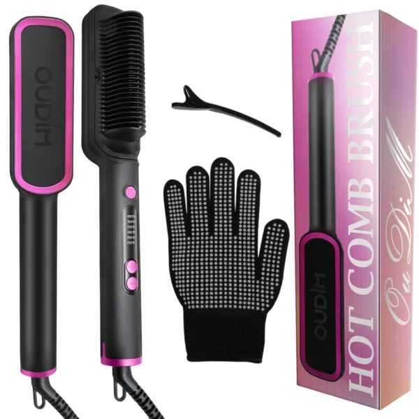 OUDIM Hair Straightener Brush with Six Temperature Settings, Ionic Hair Straightening Brush Flat Iron For Women, Anti-Scald Stra - 图片 4
