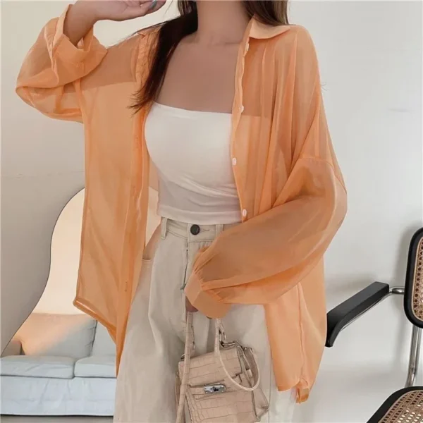 Xpqbb Women's White Chiffon Shirt Sheer Thin Long Sleeve Sun Protection Blouse Woman Casual Loose Simple Single-breasted Shirts - 图片 5