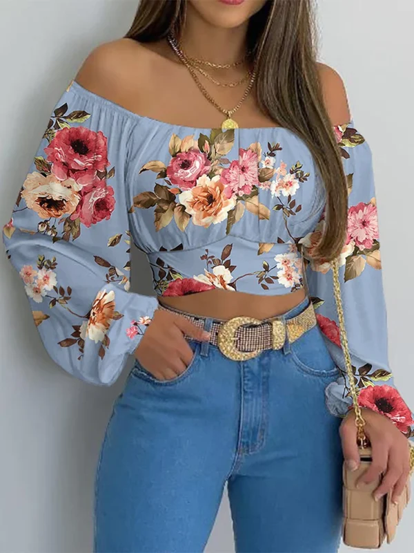 Women Sexy Off Shoulder Blouse Chic and Elegant Printing Lantern Long Sleeve Lace Up Bow Cropped Tops Casual Slim Shirts 2024 - 图片 5