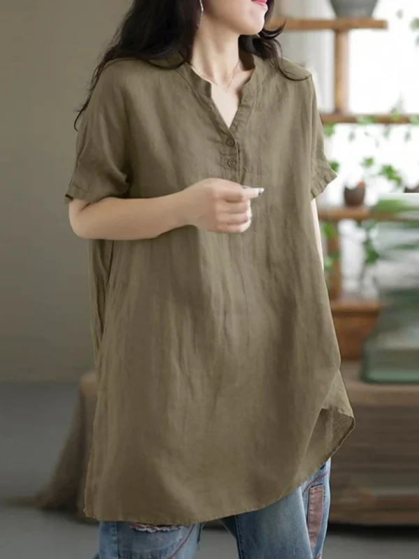 2024 Summer Fashion Cotton and Hemp Women's Shirt Commuting Style Casual Half Open Short Sleeve Casual Shirt Top - 图片 5