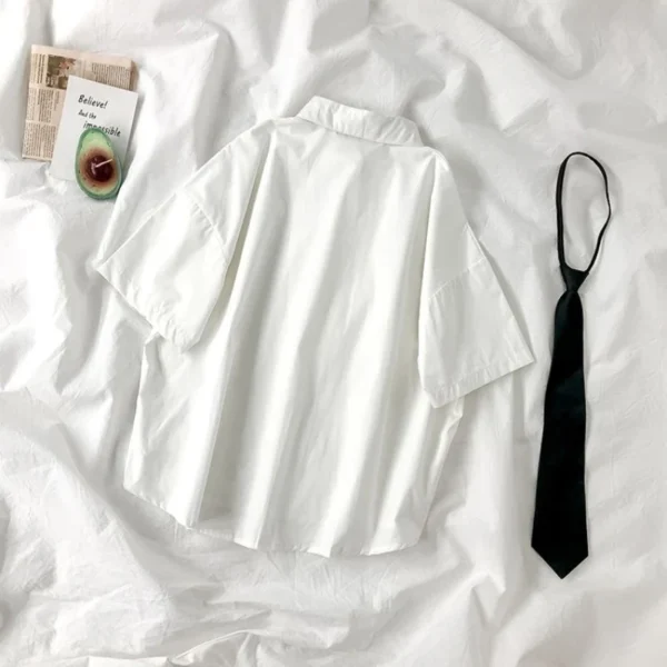 White Shirts Women Fashion Black Tie Japan Style Preppy Students JK Girls Blouse Simple Solid Loose Summer Button Up Tops New - 图片 3