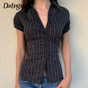 Darlingaga Fashion Chic Stripe Slim Summer Blouse Women Tops Short Sleeve Buttons-Up Shirt Cardigan Y2K Aesthetic Retro Outfits